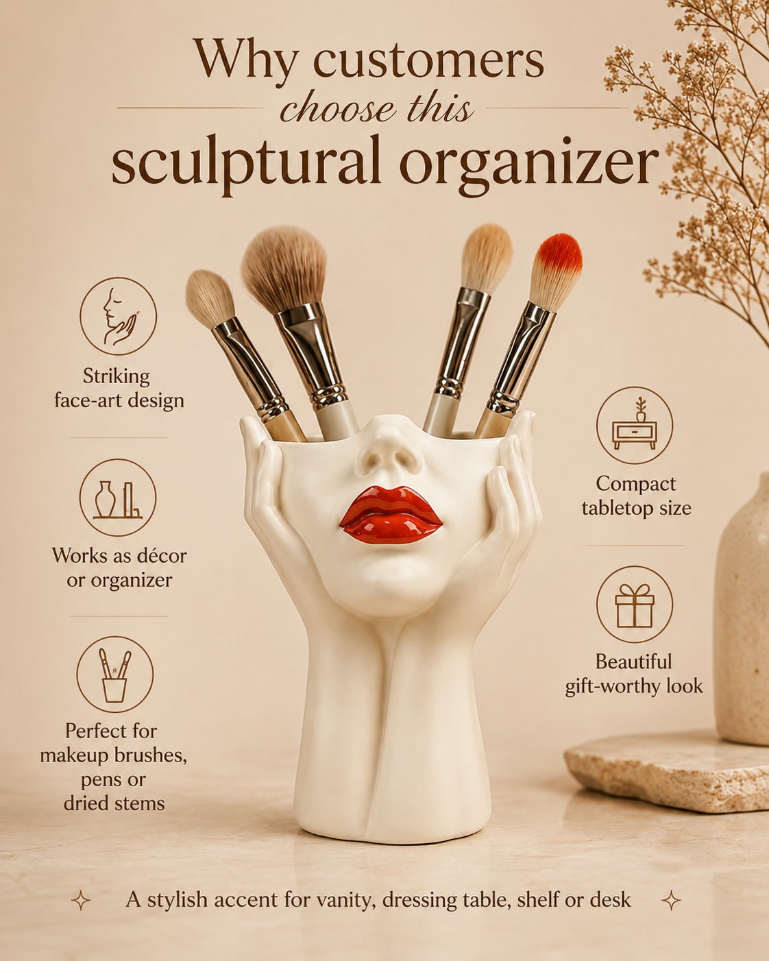 A sculptural makeup brush organizer shaped like a female face held in two hands, with several makeup brushes inserted. The product is shown on a beige background with promotional text and icons about its features.