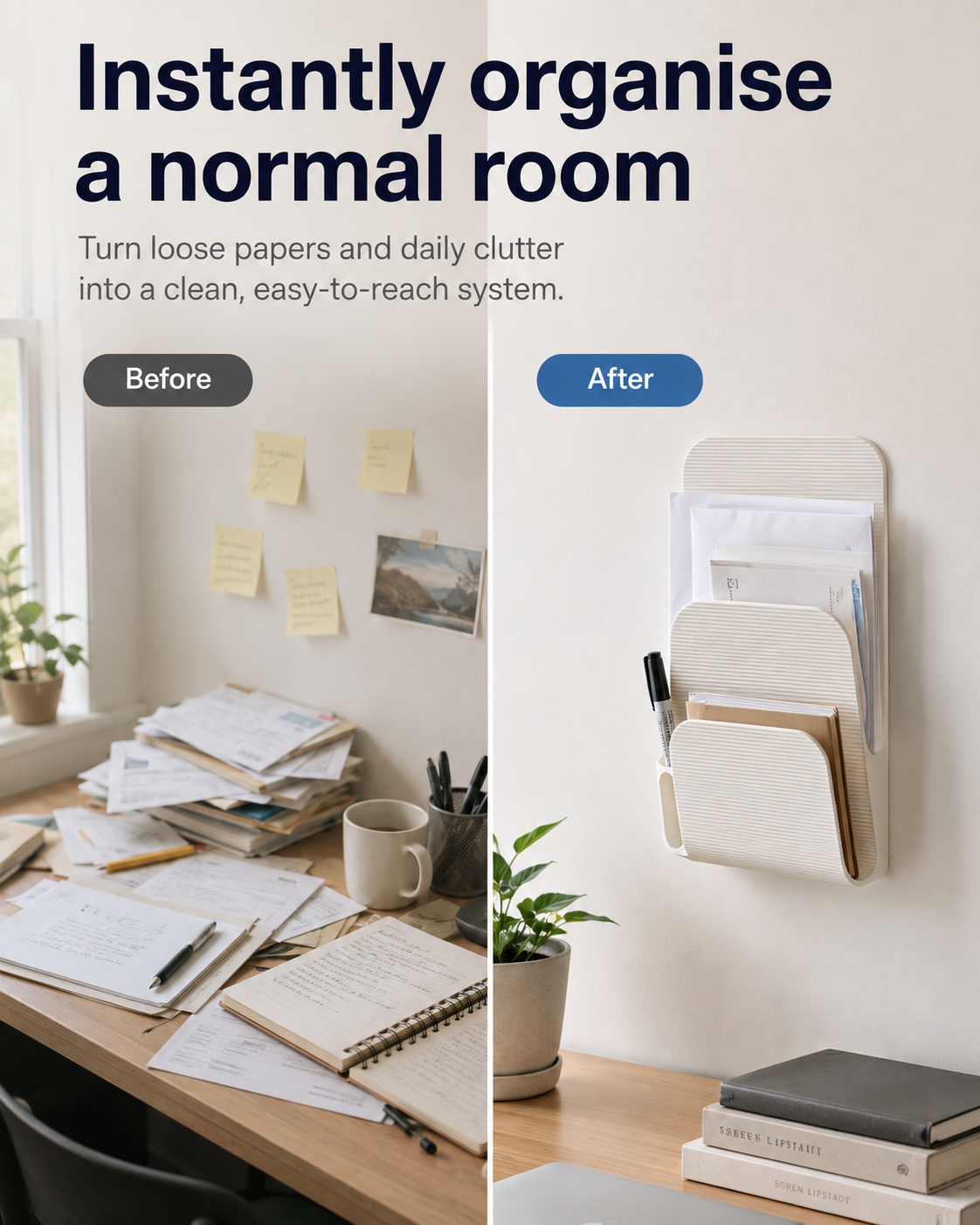 A split before-and-after marketing graphic showing a wall-mounted paper organizer in a home office setting. The left 'Before' panel shows a cluttered desk with papers, sticky notes, and a mug.