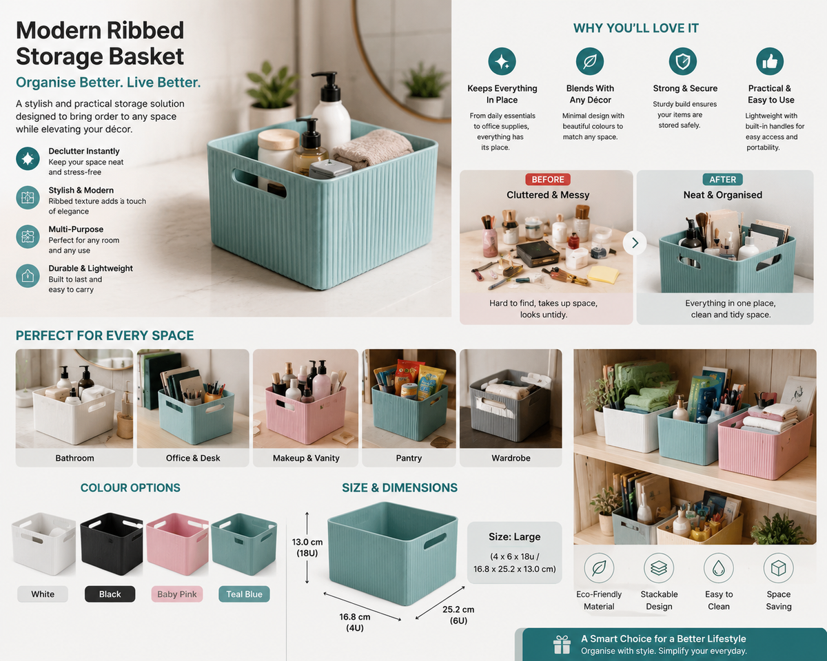 A promotional infographic for a modern ribbed storage basket, showing the product in multiple room settings (bathroom, office, makeup vanity, pantry, wardrobe), feature callouts, color options, dimensions, and a small brand note at the bottom.