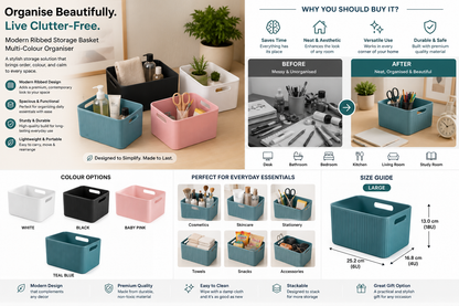 A comprehensive product infographic for a modern ribbed storage basket organizer, showing the product in multiple colors (white, black, pink, teal blue) in both a single-basket view and a multi-basket set. The infographic includes before-and-after kitchen organization comparisons, color options, dimensions, and feature highlights.