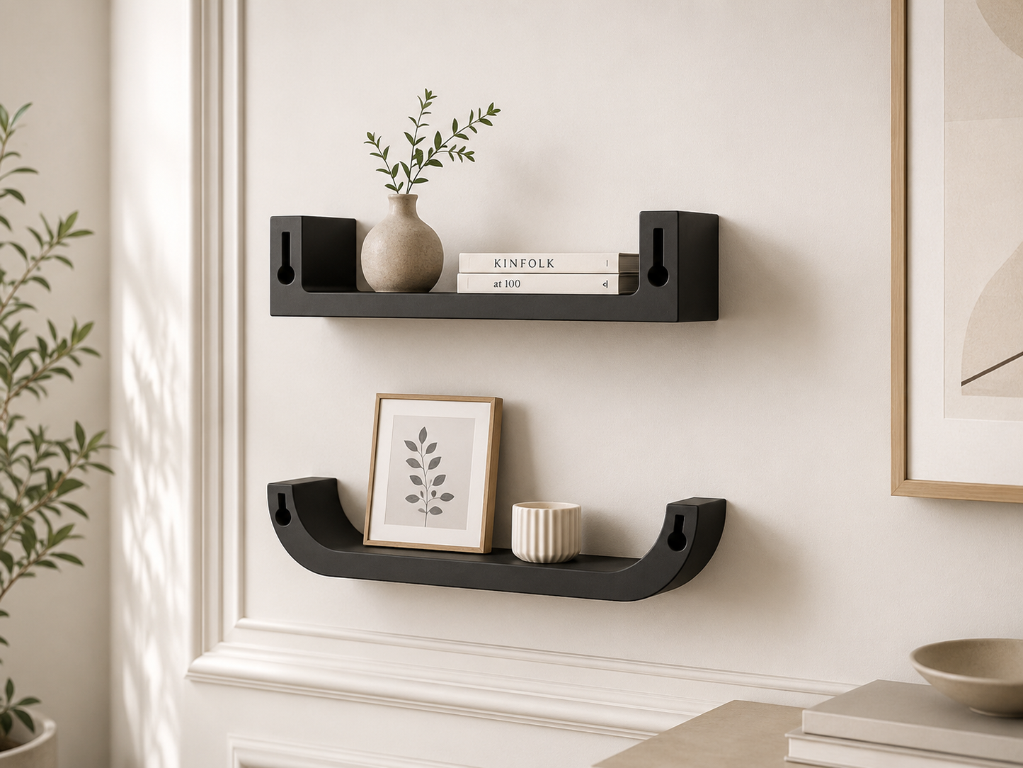 Black wall shelves with decorative items against a white wall