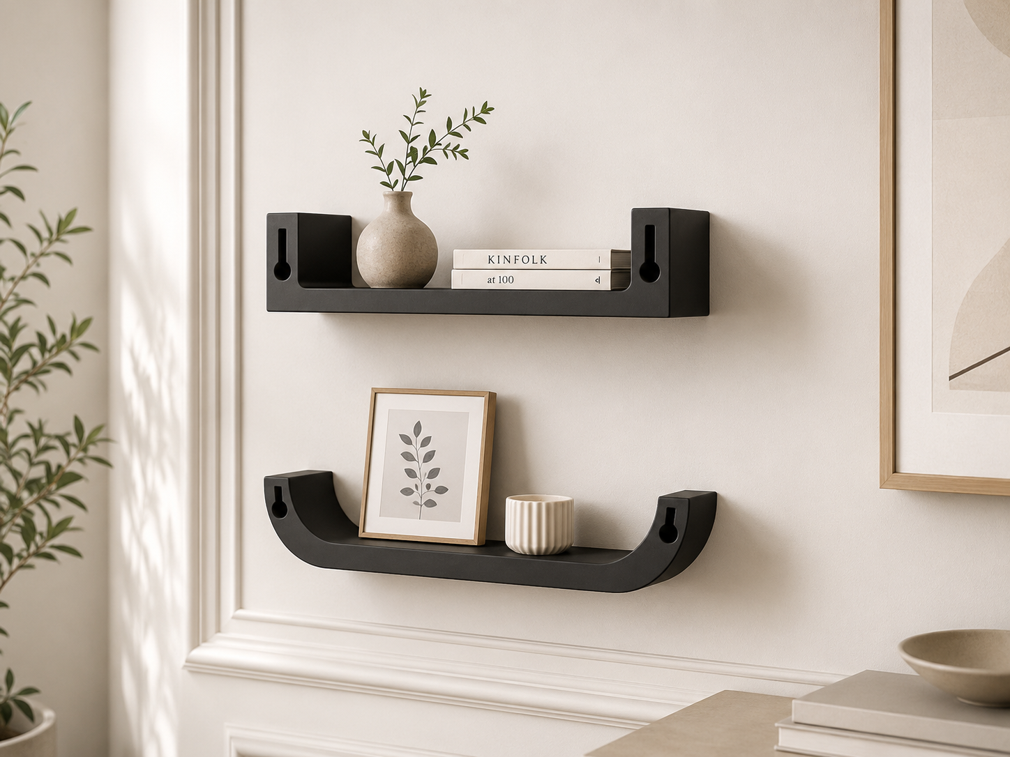 Black wall shelves with decorative items against a white wall