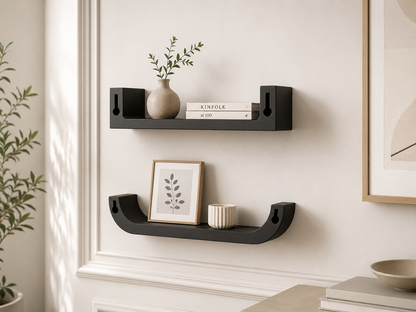Black wall shelves with decorative items against a white wall