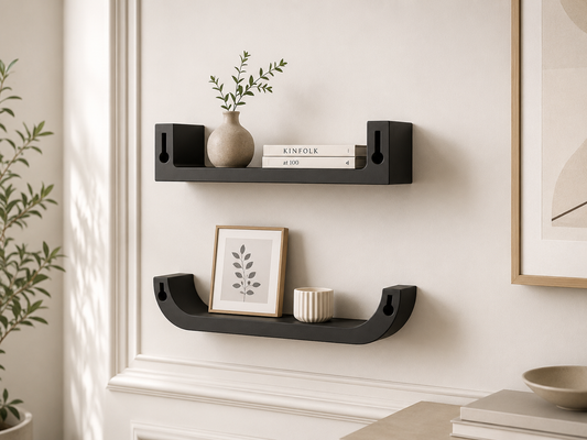 Black wall shelves with decorative items against a white wall