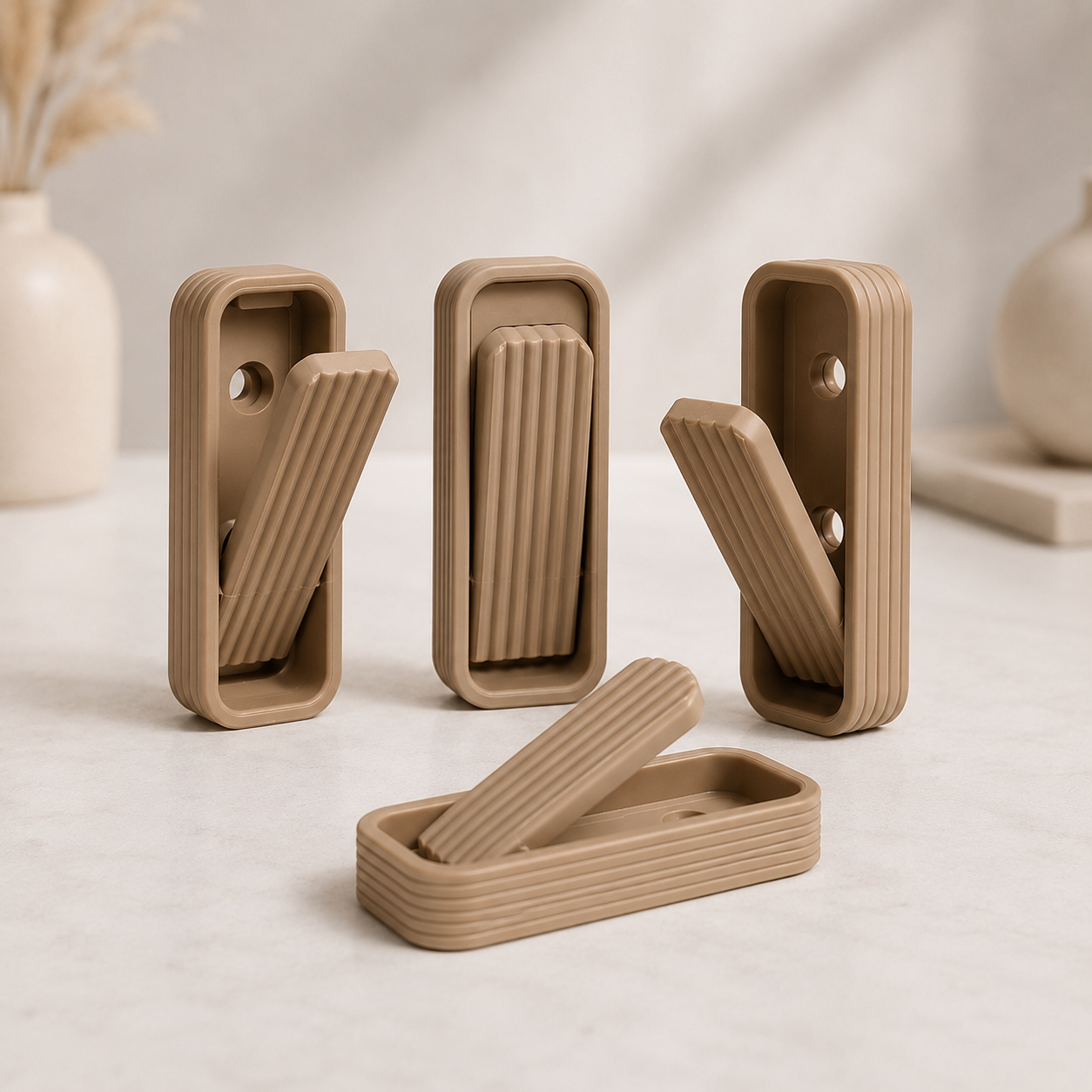 Four tan rectangular plastic clips or fasteners with ribbed inner panels, arranged on a light marble-like surface with soft decorative vases in the background.