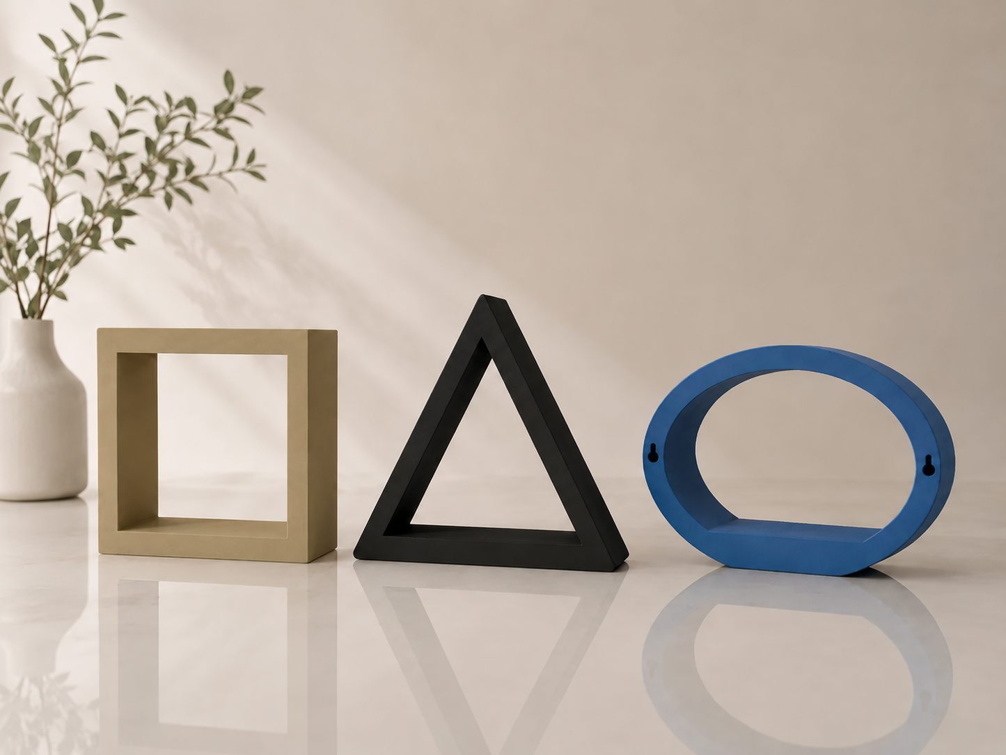 ShapeScape square triangle and round geometric shelf color options in beige brown black and blue