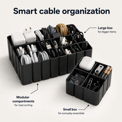 Two black modular cable organizers shown on a light warm-gray background with callout labels. The larger box is filled with charging cables, adapters, and accessories, while the smaller box holds a white earbud case, a keychain, and small office items.