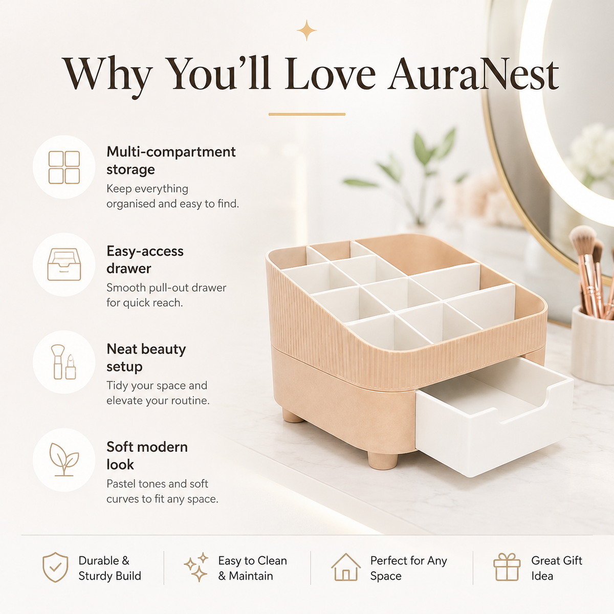 A beige and white AuraNest multi-compartment makeup organizer with a pull-out drawer, shown on a light marble surface next to a mirror in a softly lit vanity setting. Text on the left highlights features like multi-compartment storage, easy-access drawer, neat beauty setup, and soft modern look.