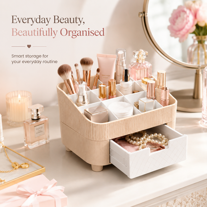 A beige and white multi-compartment makeup organizer with a pull-out drawer, styled on a vanity table with cosmetics, perfume bottles, a mirror, and decorative text reading 'Everyday Beauty, Beautifully Organised'.