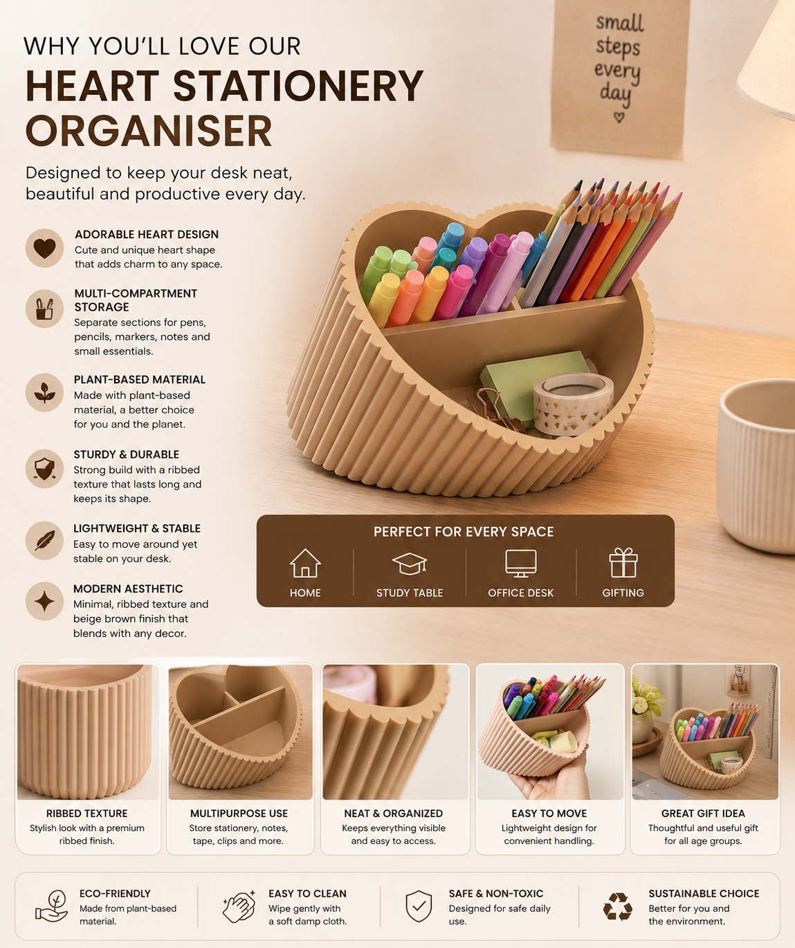 A heart-shaped cardboard desk organizer filled with colored pencils, pens, and a small roll of tape, shown on a beige desk with a coffee cup. The image includes marketing text and feature icons explaining the product's heart-shaped design, multi-compartment storage, plant-based material, and suitability for home, study, office, and gift use.