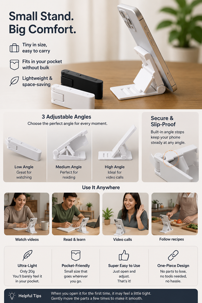 An infographic detailing the features of a small white and black adjustable phone stand. The graphic includes a top section showing the stand holding a tablet at an angle, a middle section with three smaller images demonstrating the stand's three adjustable angles (low angle for watching, medium angle for reading, high angle for video calls), and a bottom section with five feature callouts: 'Ultra-Light', 'Pocket-Friendly', 'Super Easy to Use', 'Just open and adjust.