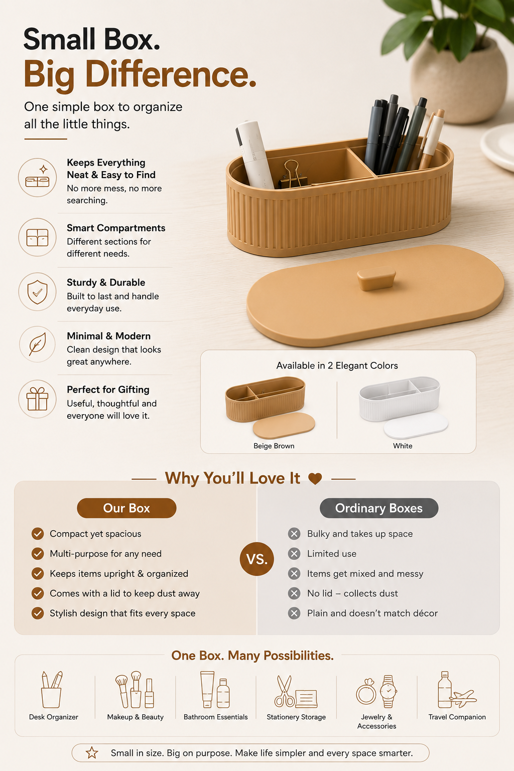 A promotional infographic for a small wooden desk organizer box, showing the product in use with pens and pencils, alongside text callouts of its features, available colors, and comparison with ordinary boxes.