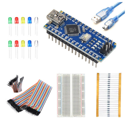 Electronic components including a microcontroller board, LEDs, USB cable, breadboard, and resistors on a white background.