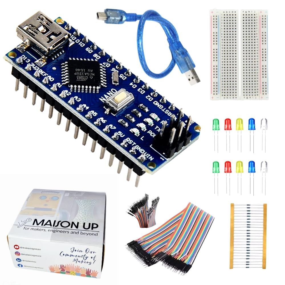 Electronic components including a microcontroller board, LEDs, USB cable, breadboard, and resistors on a white background.