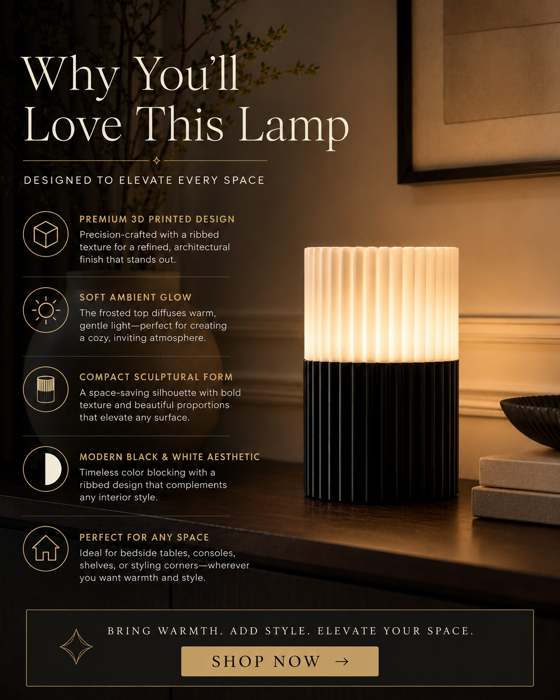 A promotional graphic for a modern black and white ribbed lamp on a wooden table, with text overlays describing its features and benefits in a warm, cozy room setting.