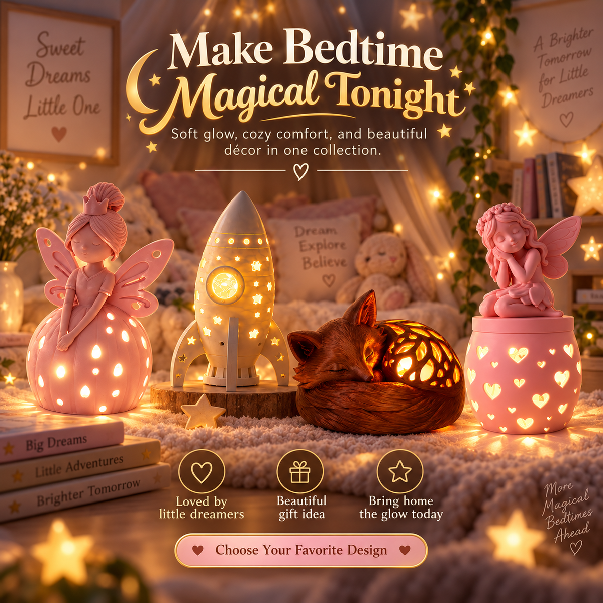 A cozy bedroom decor collection featuring pink fairy figurines, a glowing rocket lamp, and a sleeping cat figurine with heart-shaped light projections, arranged in a warm, decorated room with fairy lights and books.