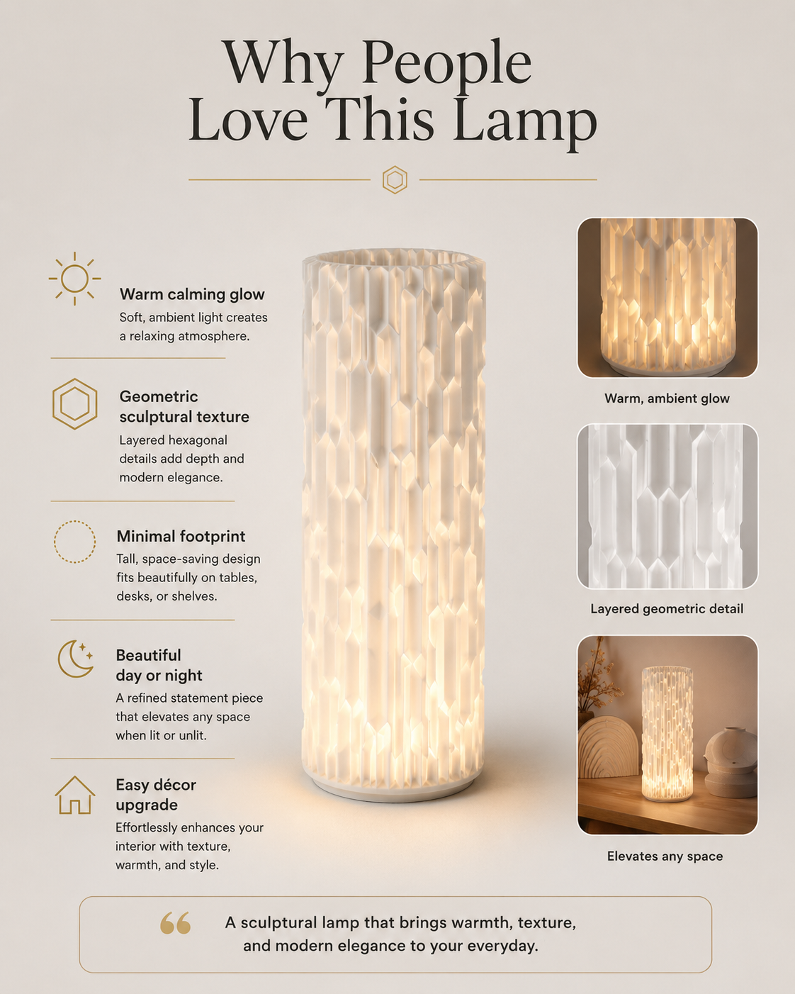 An infographic banner titled 'Why People Love This Lamp' featuring a tall cylindrical layered geometric lamp in the center, surrounded by text callouts and three smaller inset images showing warm glowing details of the lamp.