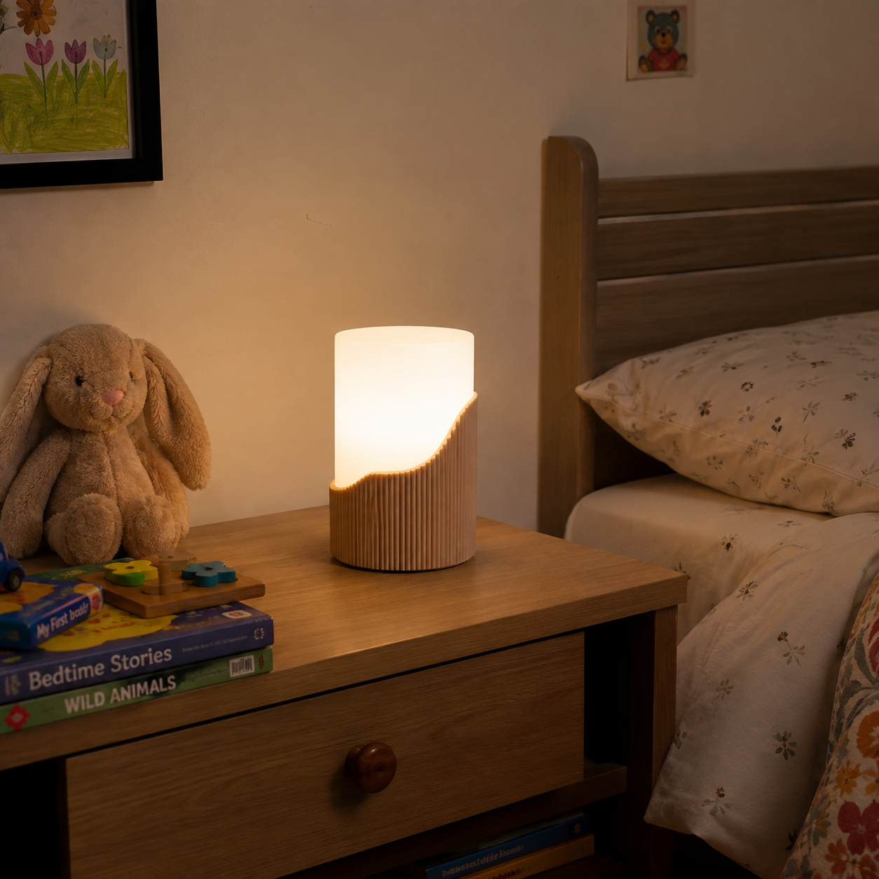 A modern cylindrical night light with a pleated wood base glowing warm white, placed on a wooden children's nightstand next to a bed in a bedroom.