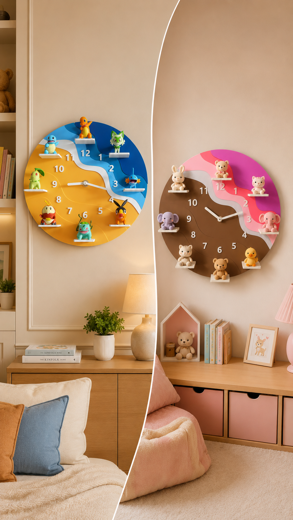 Two round decorative wall clocks with cartoon animal hour markers are shown in a styled bedroom setting. The left clock has a blue-to-yellow split design, and the right clock has a pink-to-brown split design.