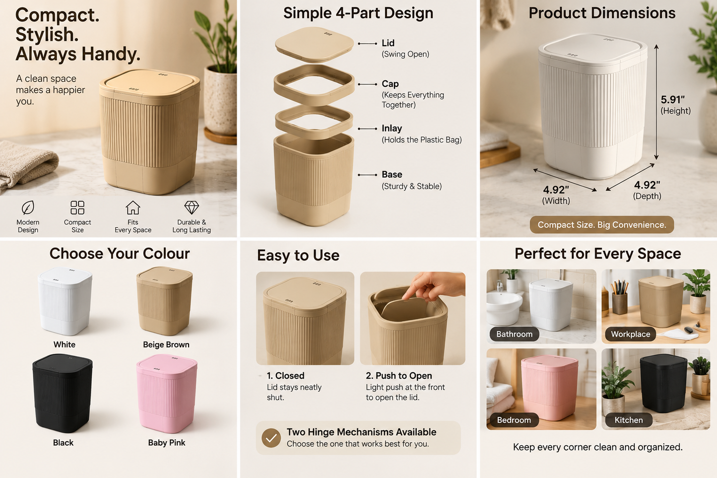 A composite marketing infographic for a compact plastic bag bin. The layout includes product photos showing the bin in white, beige brown, black, and pink, alongside diagrams explaining the 4-part design, dimensions, and usage.