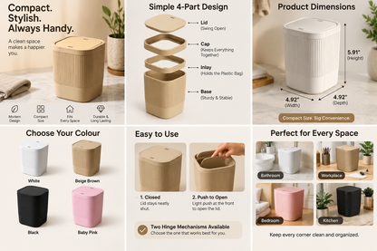 A composite marketing infographic for a compact plastic bag bin. The layout includes product photos showing the bin in white, beige brown, black, and pink, alongside diagrams explaining the 4-part design, dimensions, and usage.