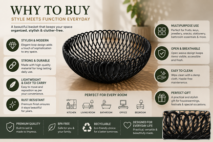 An infographic titled 'WHY TO BUY' featuring a black woven basket in the center, surrounded by benefit callouts such as stylish and modern design, strong durability, lightweight ease of carry, rust resistance, and suitability for every room. The layout uses beige and dark green panels with icons and text.
