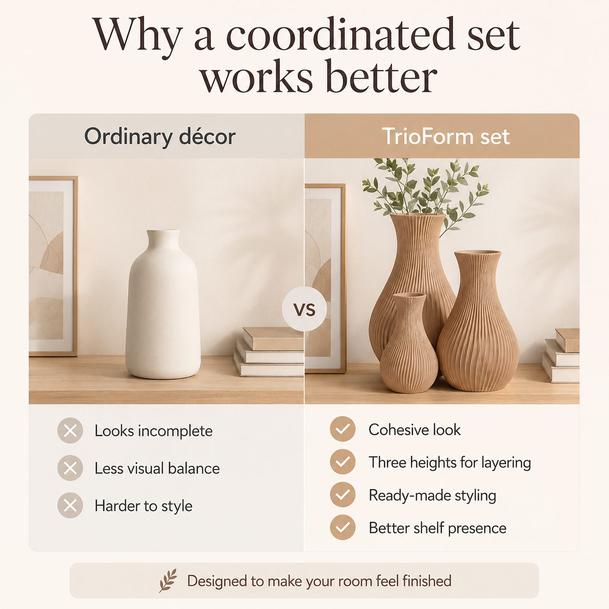 An infographic comparing a single ordinary vase with a TrioForm set of three coordinated vases, showing a shelf styling comparison with text callouts about coordination and room finishing.