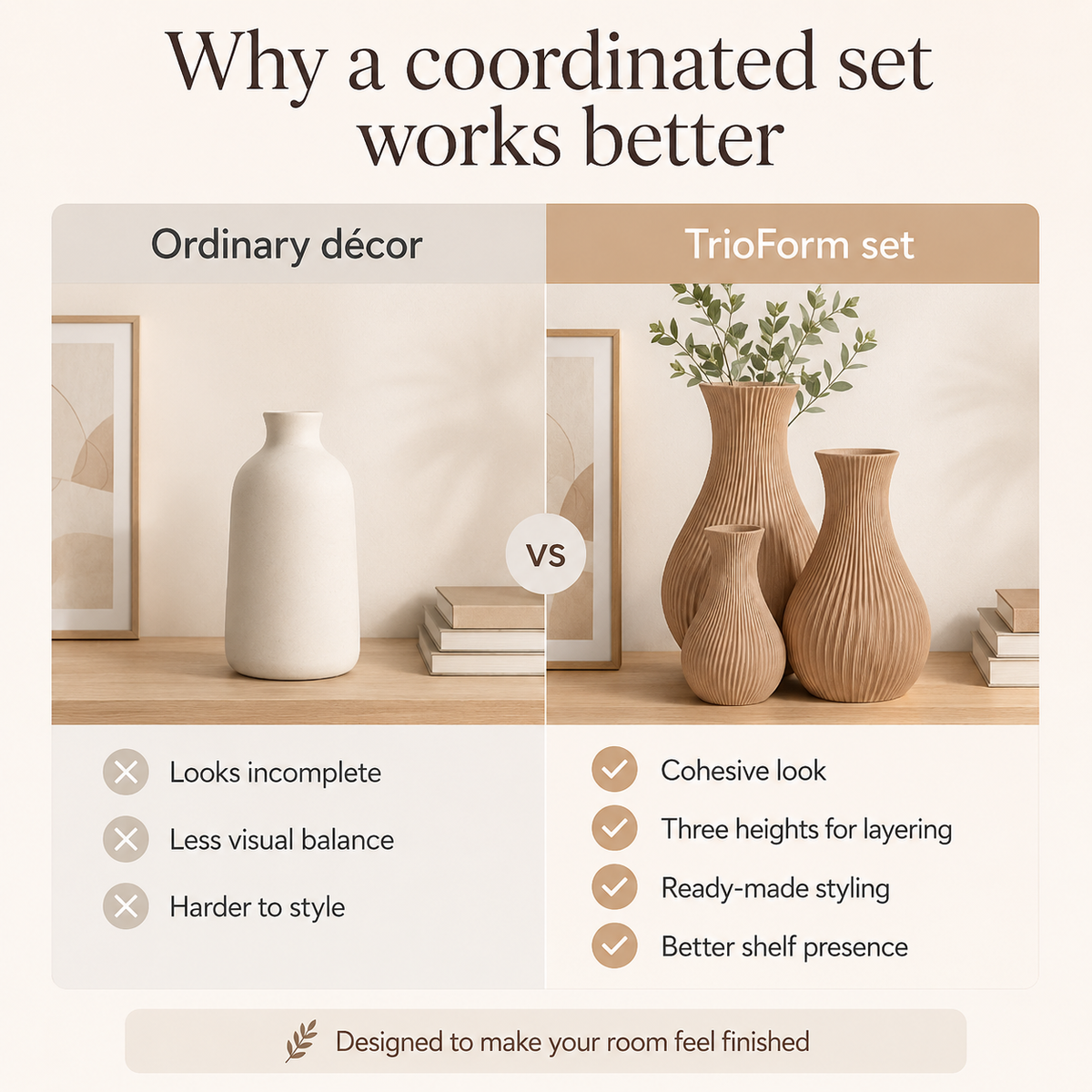 An infographic comparing a single ordinary vase with a TrioForm set of three coordinated vases, showing a shelf styling comparison with text callouts about coordination and room finishing.