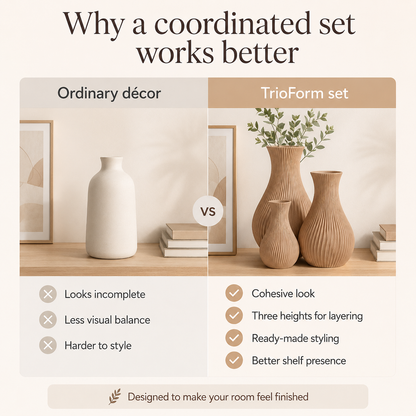An infographic comparing a single ordinary vase with a TrioForm set of three coordinated vases, showing a shelf styling comparison with text callouts about coordination and room finishing.