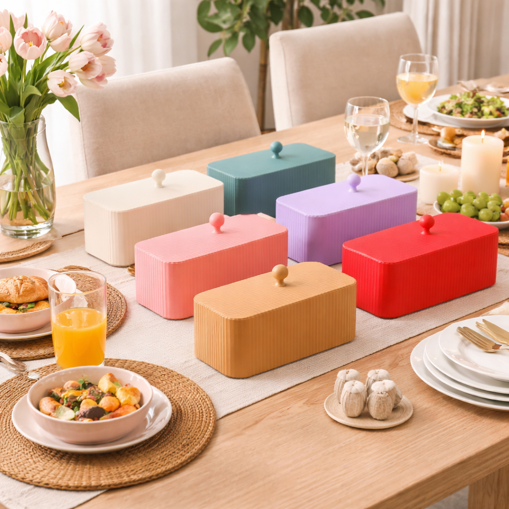 Colorful rectangular boxes on a dining table with a floral arrangement and food.