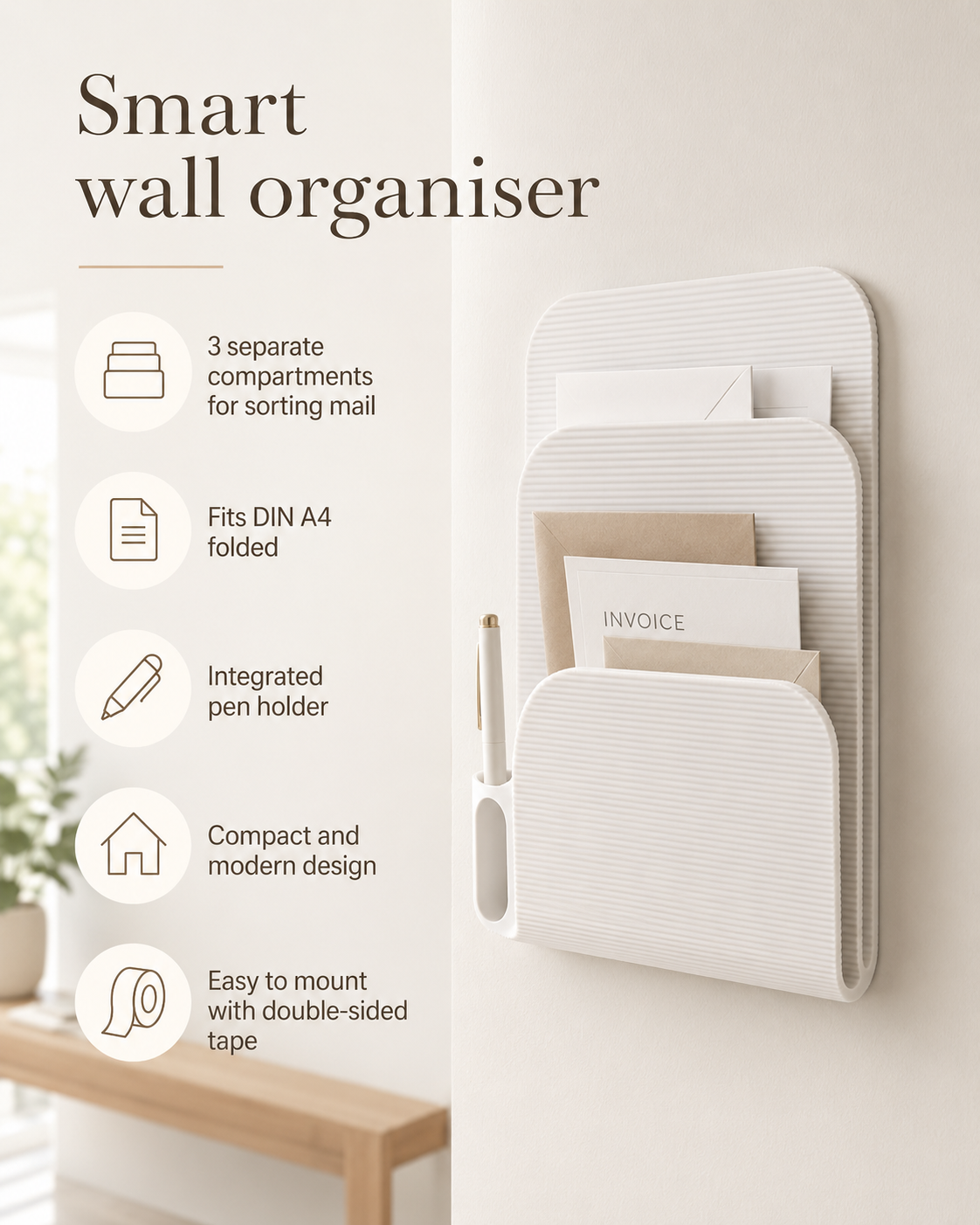 A white wall-mounted mail organizer with three compartments and an integrated pen holder, shown mounted on a beige wall with printed product features listed on the left.