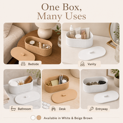 A promotional collage showing a ribbed oval storage box and its lid in multiple home settings: bedside, vanity, bathroom, desk, and entryway. Large text at the top reads 'One Box, Many Uses,' and the bottom note says the product is available in white and beige brown.