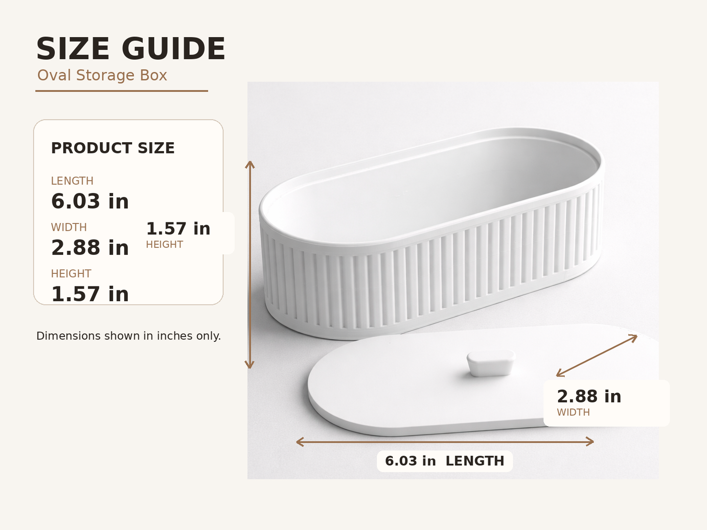Size guide graphic for an oval storage box, showing the product and its lid with labeled dimensions in inches on a light beige background.