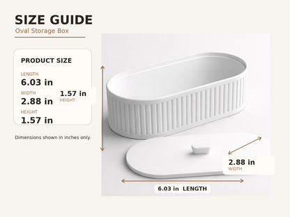 Size guide graphic for an oval storage box, showing the product and its lid with labeled dimensions in inches on a light beige background.