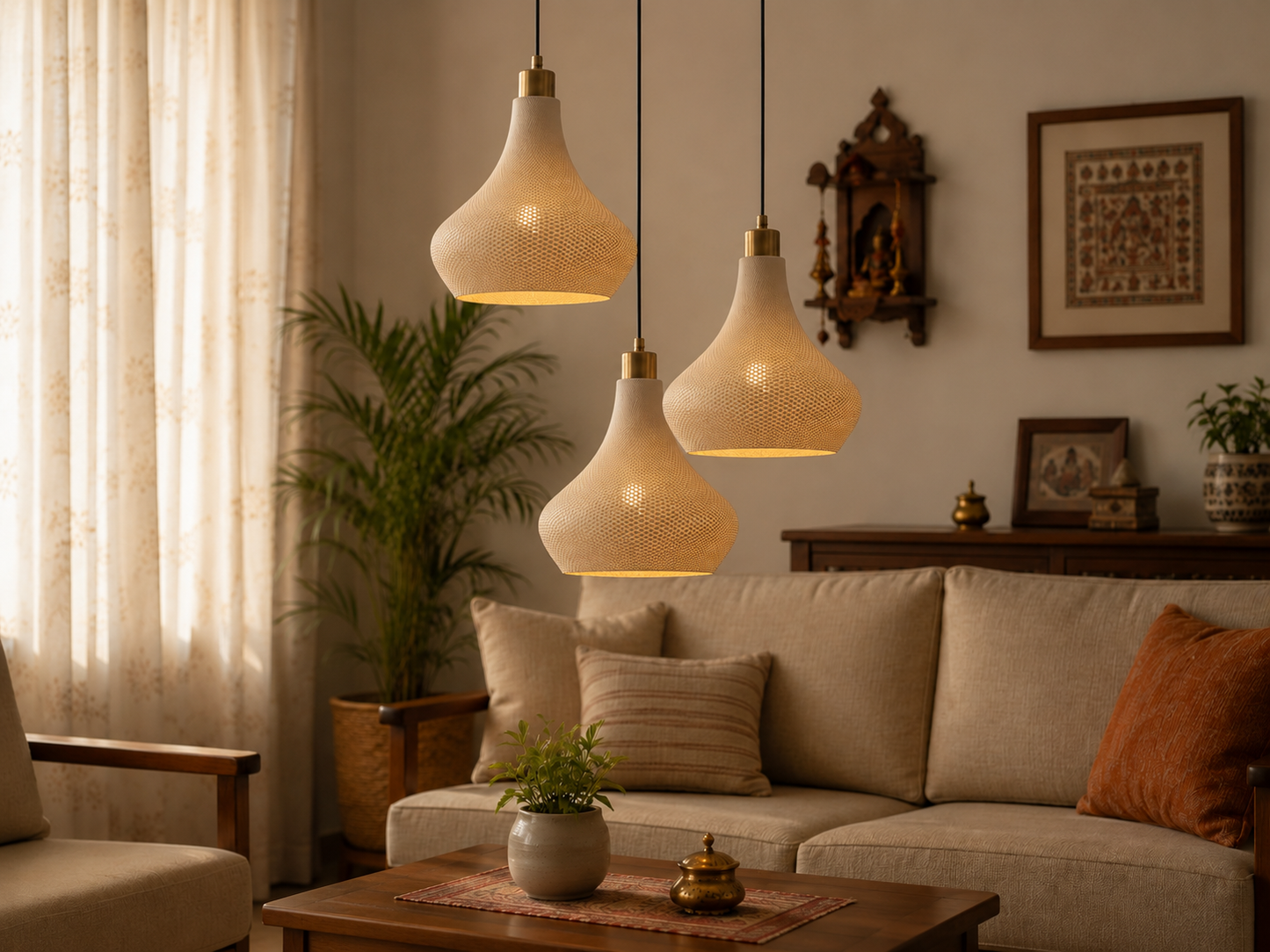 Living room with beige sofa, decorative pillows, and pendant lights.