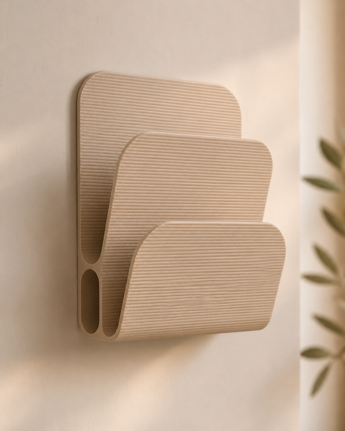 A minimalist three-tier wooden wall-mounted shelf with a ribbed texture, styled on a warm beige wall with soft natural light and blurred green leaves on the right.