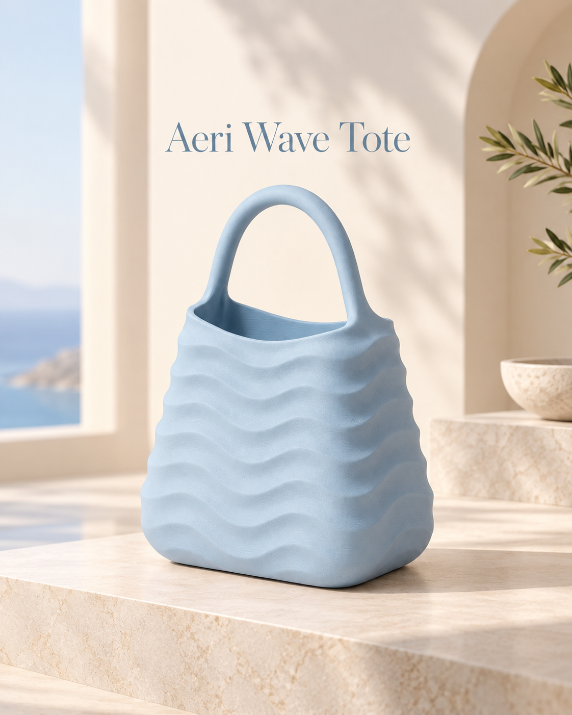 A light blue tote bag with a wavy textured pattern and a top handle, displayed on a beige stone ledge in a sunlit interior setting with a window view of the sea. The text 'Aeri Wave Tote' is visible above the bag.