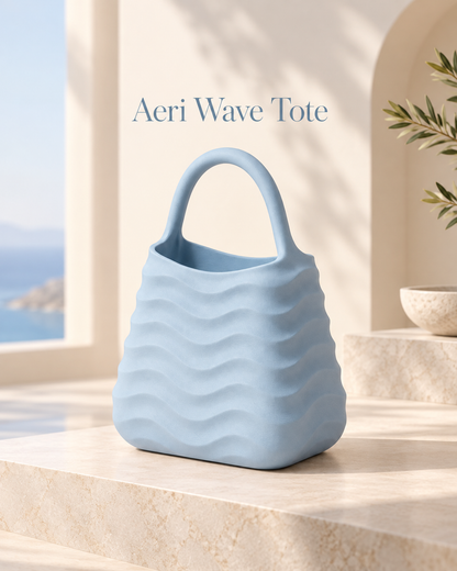 A light blue tote bag with a wavy textured pattern and a top handle, displayed on a beige stone ledge in a sunlit interior setting with a window view of the sea. The text 'Aeri Wave Tote' is visible above the bag.