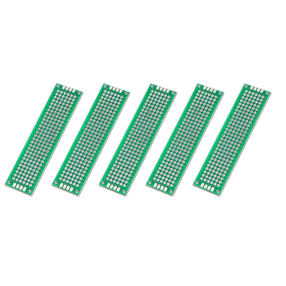 Green PCB perf board stripboard prototyping circuit board for electronics DIY projects, Arduino and Raspberry Pi soldering applications, universal prototype PCB board pack of 5 on white background