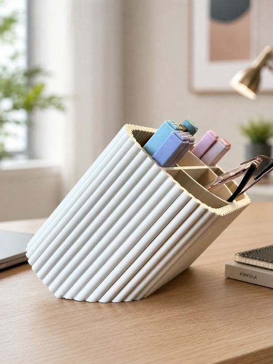 A ribbed white desk organizer pen holder with a slanted front, shown on a wooden desk with stationery items inside, in a bright, modern room setting.