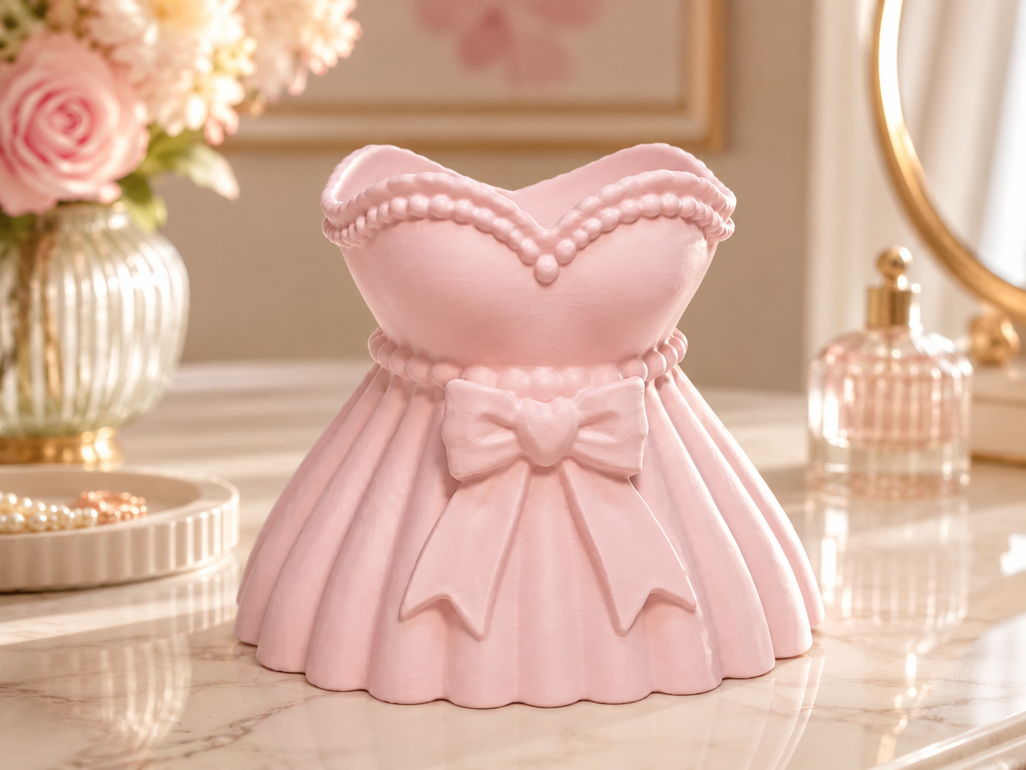 A pink dress-shaped decorative container or organizer displayed on a marble surface in a softly styled room setting with flowers, a mirror, and a perfume bottle.