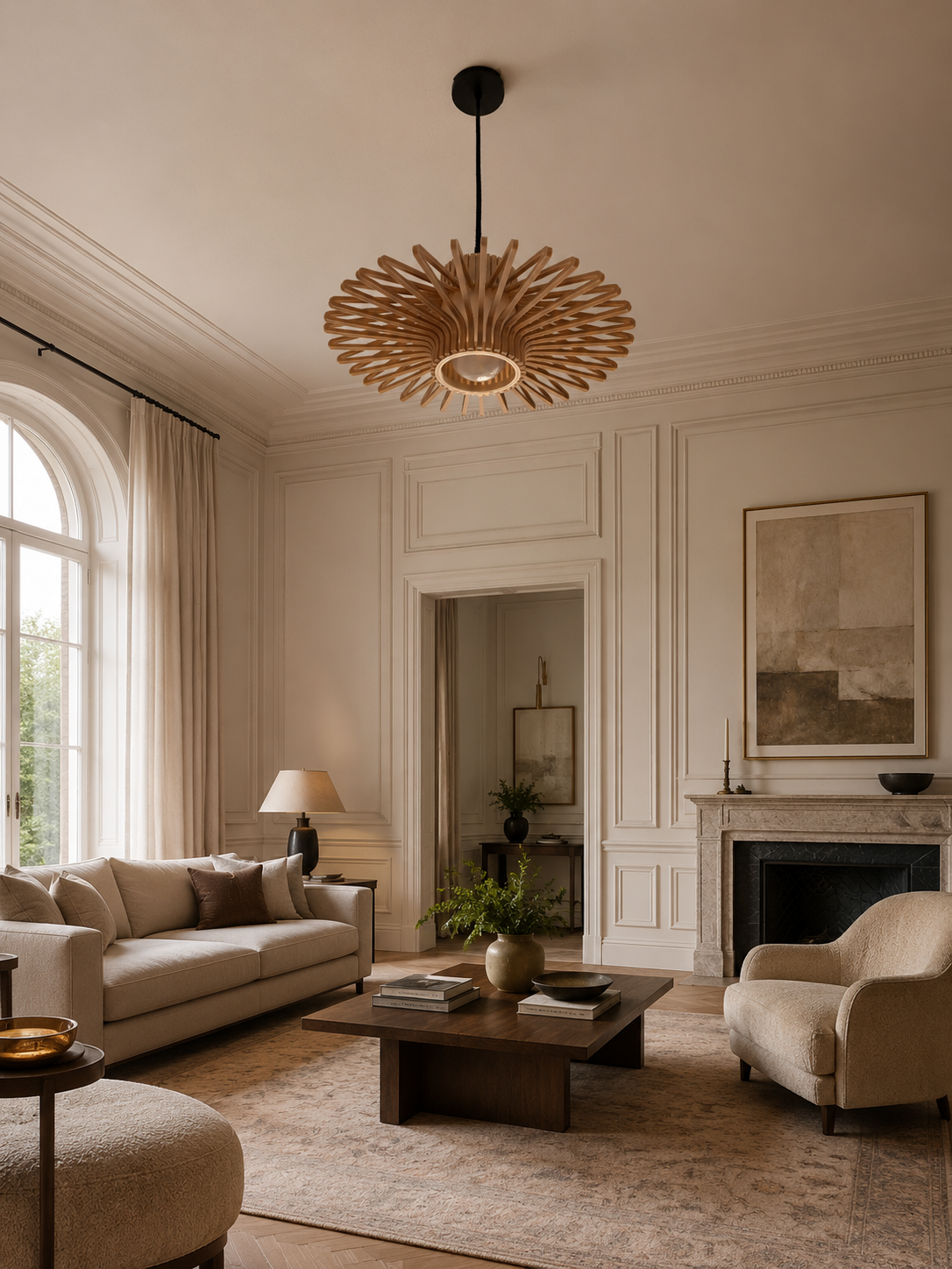 Luxurious living room with a sunburst chandelier, beige sofa, and armchair.