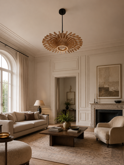 Luxurious living room with a sunburst chandelier, beige sofa, and armchair.