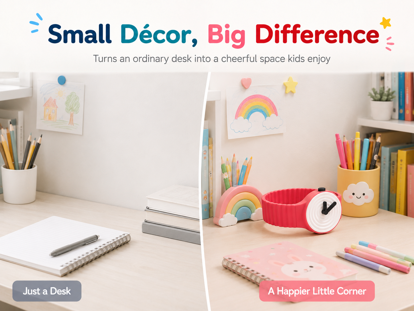 A split comparison graphic showing two styled children's desk setups. The left side, labeled 'Just a Desk,' shows a simple light wood desk with a notebook, pencil cup, and small rainbow wall decor.