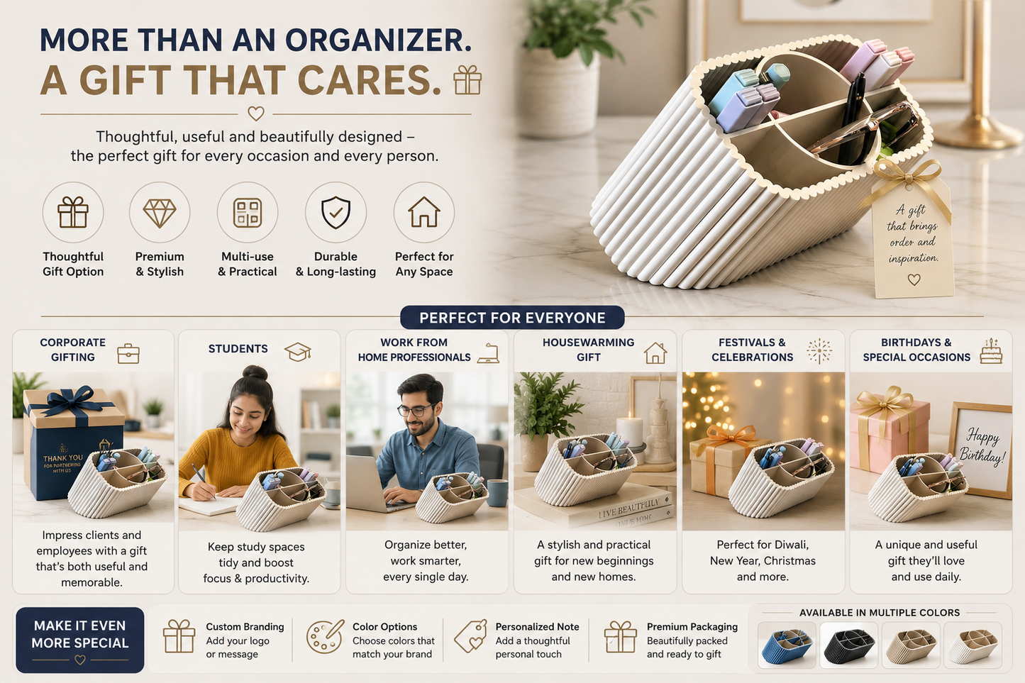 A promotional banner for a cream-colored woven organizer bag, showing it filled with stationery and accessories. The top text reads 'MORE THAN AN ORGANIZER.
