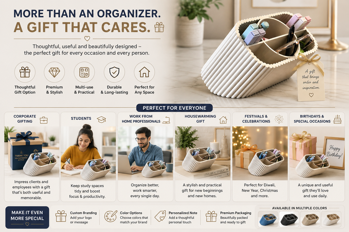 A promotional banner for a cream-colored woven organizer bag, showing it filled with stationery and accessories. The top text reads 'MORE THAN AN ORGANIZER.