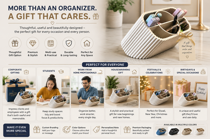 A promotional banner for a cream-colored woven organizer bag, showing it filled with stationery and accessories. The top text reads 'MORE THAN AN ORGANIZER.