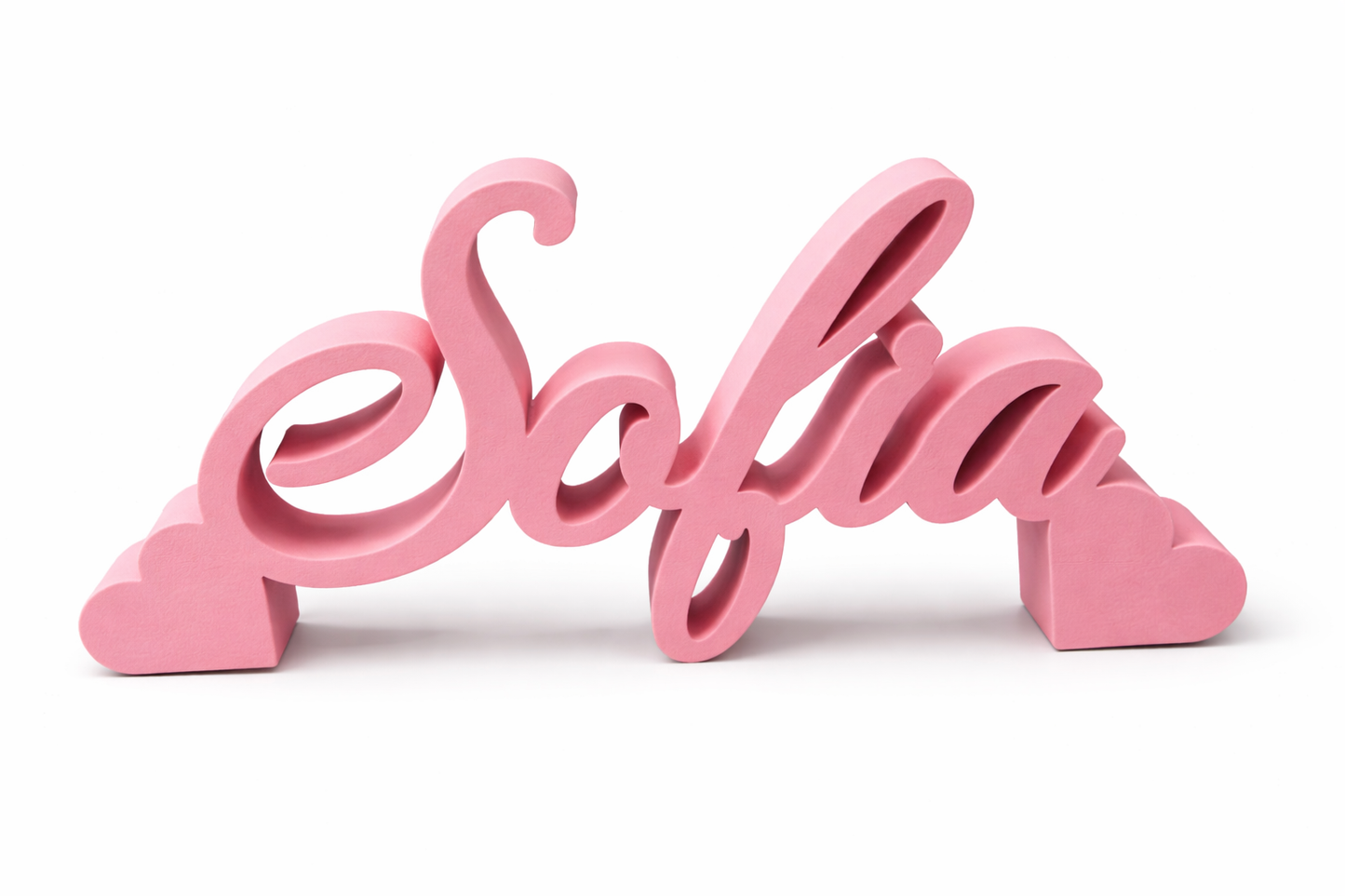 Pink decorative nameplate with 'Sofia' on a white background