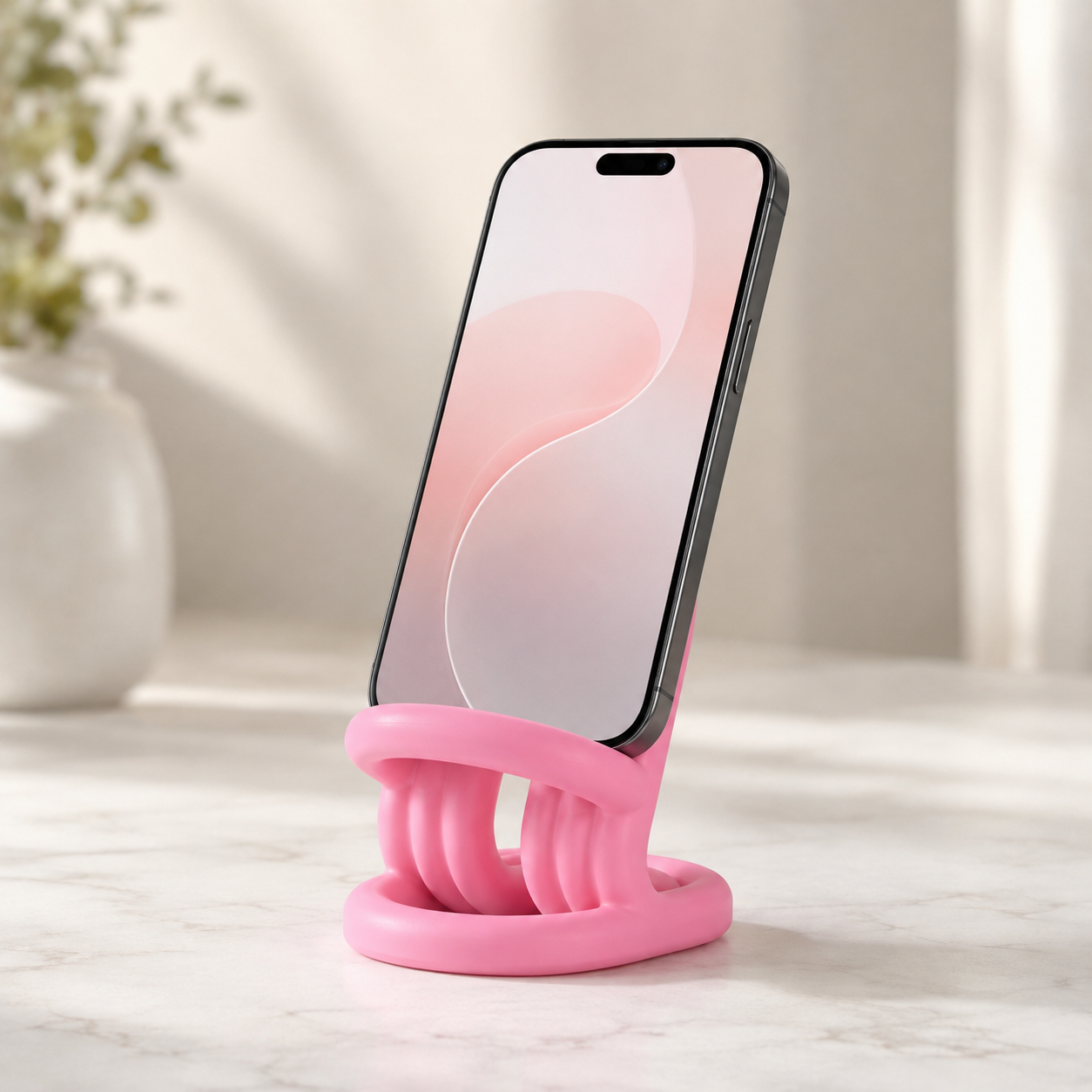 A pink silicone phone stand holding a smartphone, set on a light marble surface with a softly blurred indoor background.