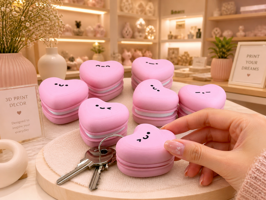 Pink heart macaron keychain with cute face for bags and keys